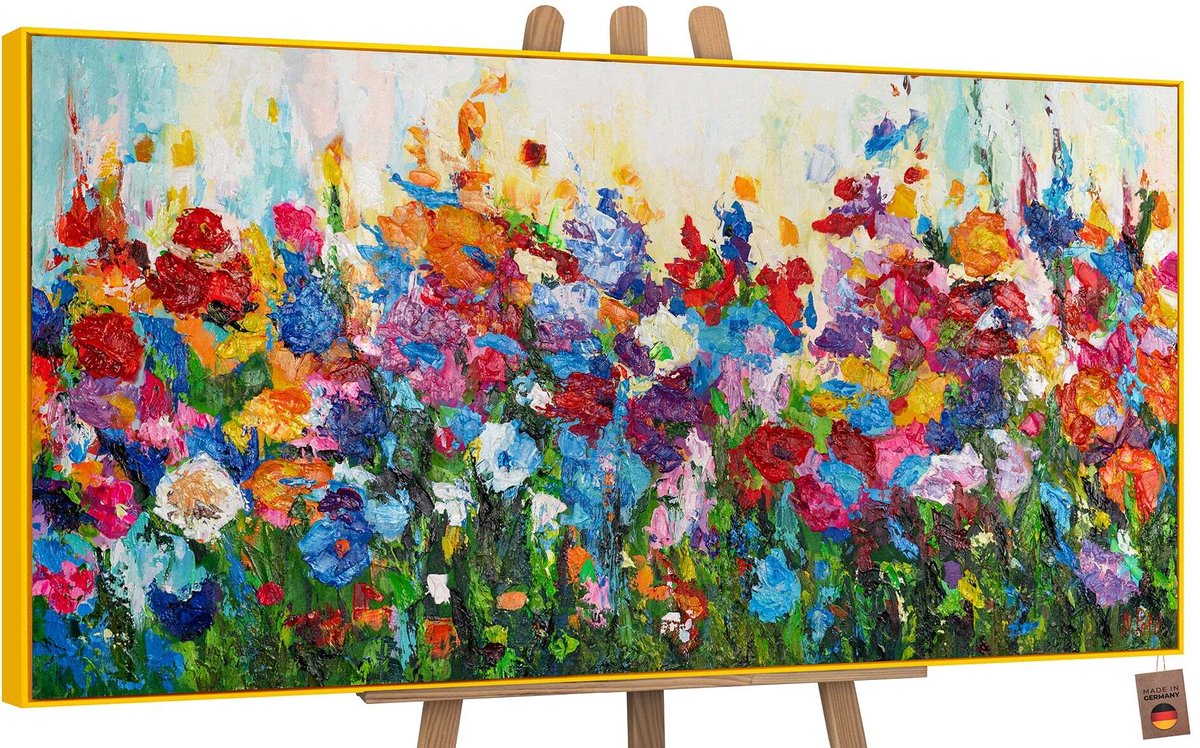 Canvas schilderij groot handgeschilderd bloemenkleuren botanisch uitbundig – YS-Art Gallery – Vrolijke wanddecoratie voor woonkamer – Modern schilderij voor slaapkamer en hal geel