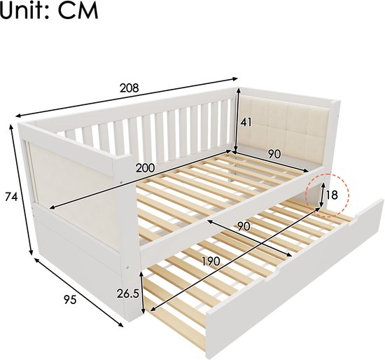 Wit slaapbank met uittrekbaar bed, getoond met afmetingen en details van de constructie.