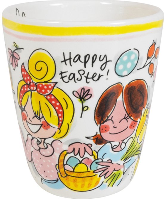 Wit bekertje met vrolijke paasillustraties van twee lachende meisjes, een mand met eieren en bloemen. "Happy Easter" staat erop.