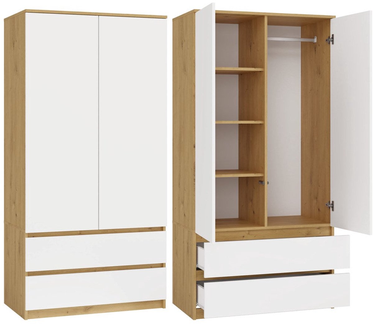 Moderne garderobekast MALWA SS-90 met TIP-ON, 5 planken en 2 lades | Artisan Eik/Wit | 90x180x50 cm