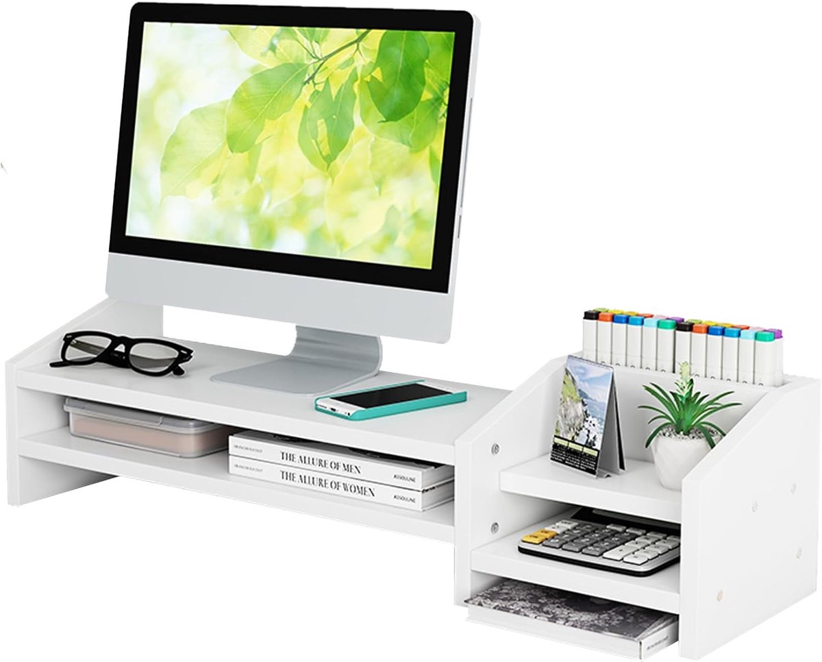 Monitor Standaard - Bureau Organizer - Efficiënt Werken - Twee Niveaus Hout - 68x19x19 cm - Wit