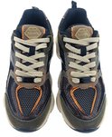 Voorkant van twee groene Mexx sneakers met suède, reptielenprint, logo en beige veters.
