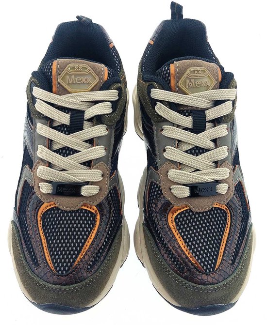 Voorkant van twee groene Mexx sneakers met suède, reptielenprint, logo en beige veters.
