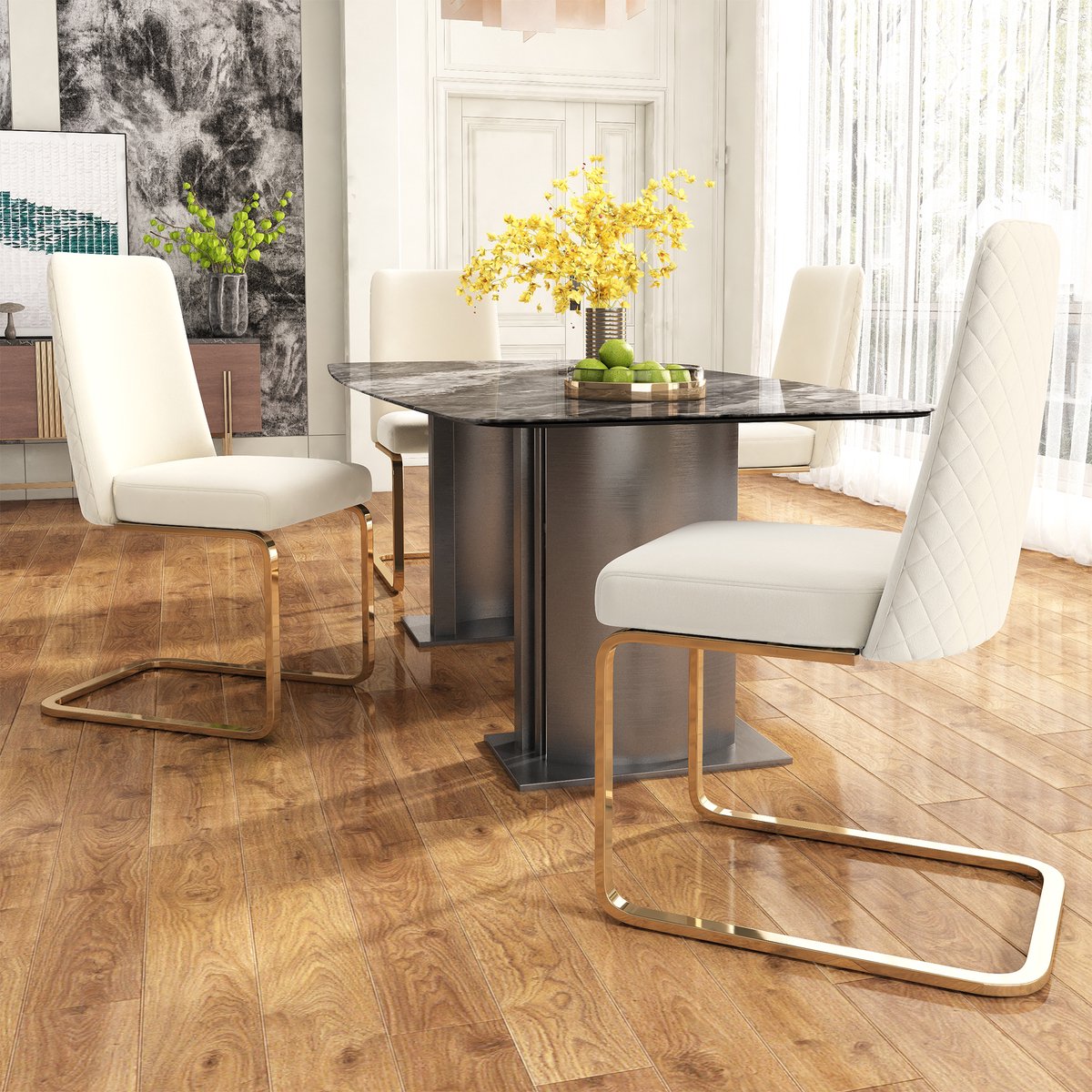 REDOM - Eetkamerstoelenset - Ruitstiksel - Modern - Voor Eetkamer - Fluweel - Beige - Set