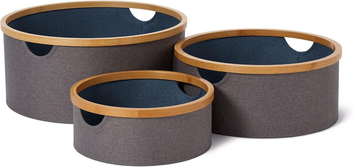 Opbergdoos Set - Mandjes - Thuis Organiseren - Stapelbaar Bamboeframe - 3 Maten - Grijs Blauw