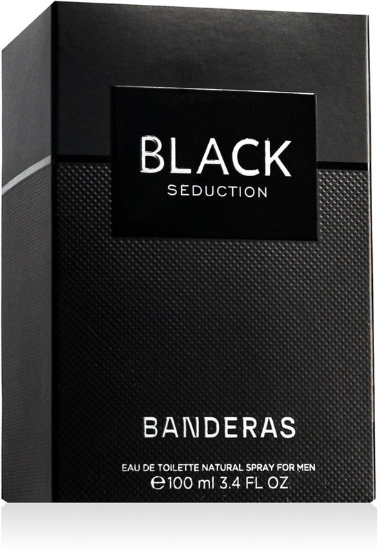 Zwarte "Black Seduction" Antonio Banderas Eau de Toilette Natural Spray for Men, 100 ml verpakking.