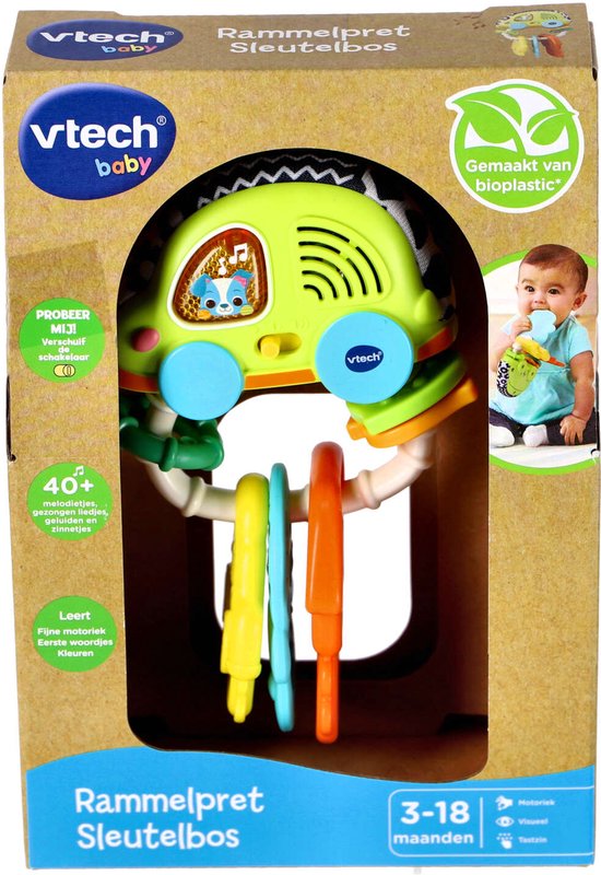 VTech baby rammelsleutels in de vorm van een auto, groen met regenboogkleurige sleutels. Gemaakt van bioplastic.