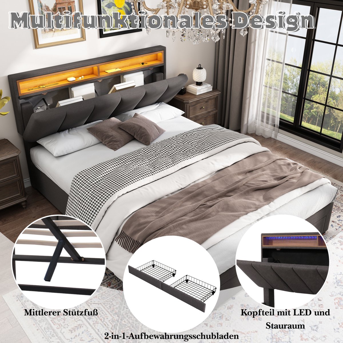 Tweepersoonsbed 140x190cm Met LED-Verlichting, Hydraulisch, - afbeelding 3