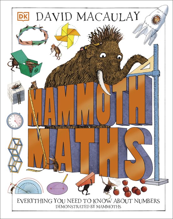 La couverture du livre 'Mammoth Maths' avec un grand mammouth, des souris, une fusée et divers symboles mathématiques.