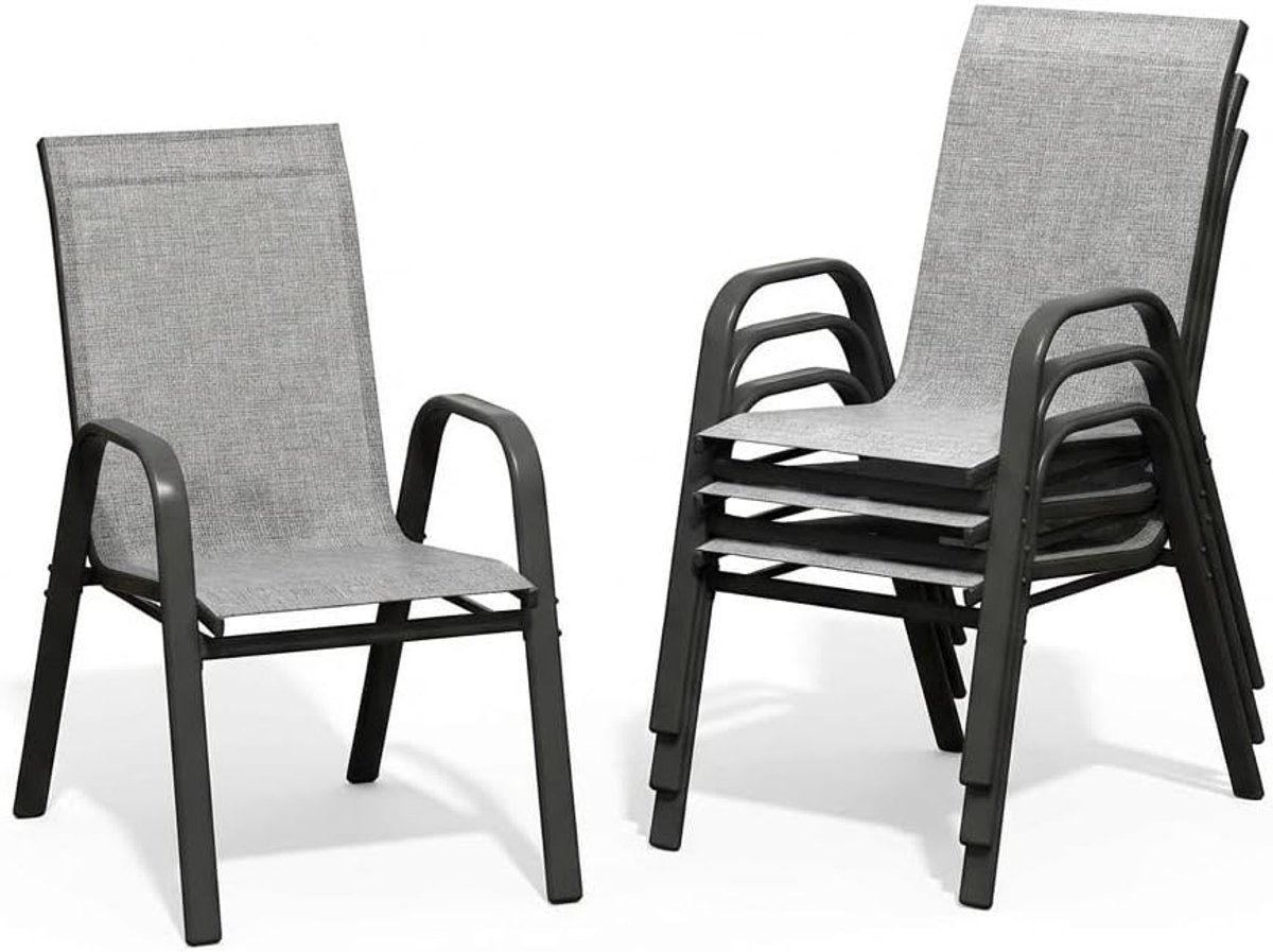Tuinstoelen Set van 4 - Stapelbaar - Textileen & Metaal - Weerbestendig en Roestvrij - Luxe Buitenstoelen voor Tuin, Balkon & Terras - Grijs