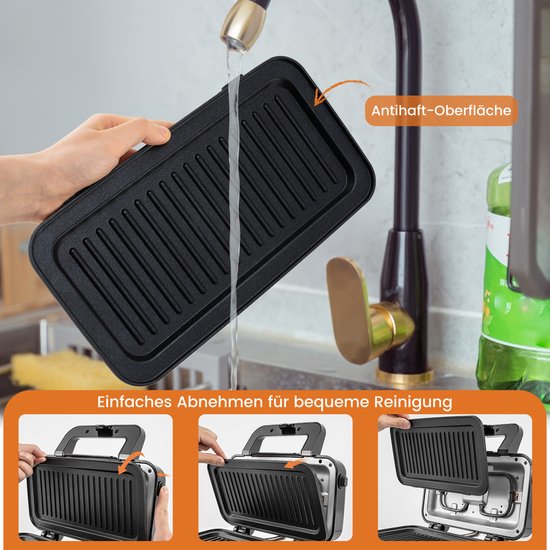 COSTWAY Elektrische sandwichmaker, 1200 W, 3-in-1 wafelijzer, panini-pers en sandwichtoaster, draagbare contactgrill met 6 afneembare antiaanbakplaten en 5 temperatuurregelingen van Costway — afbeelding 5