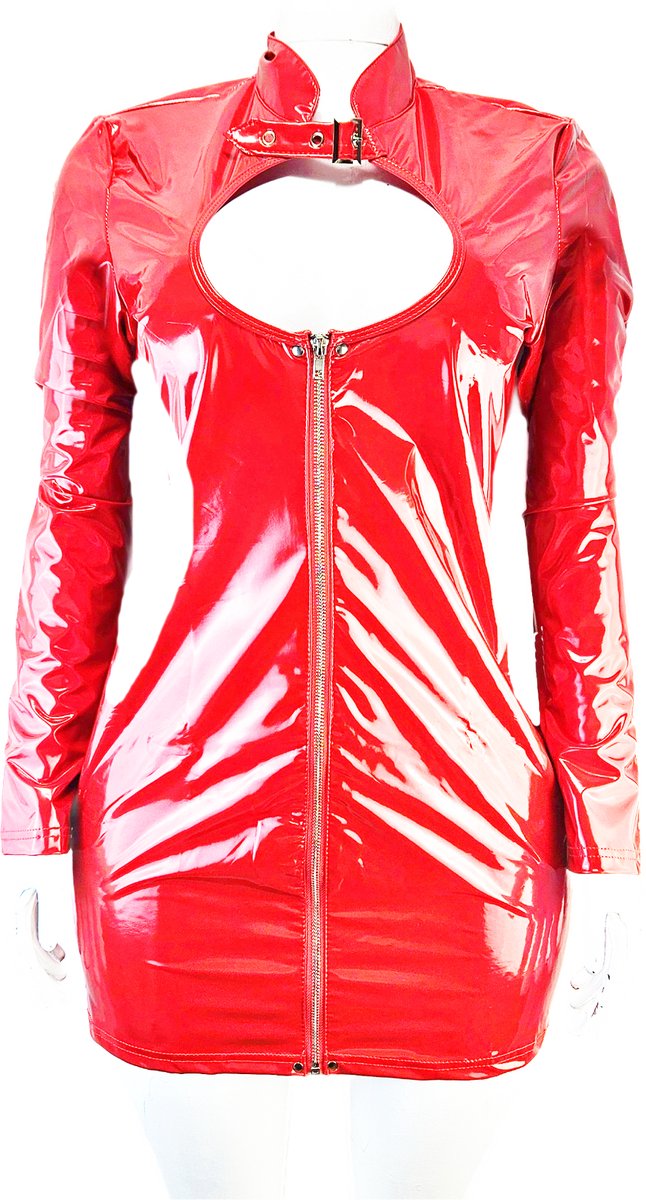 BamBella® - Jurk- Maat S/M - Rood Rollenspel sm dames sexy Glans kleding mix van Latex en stof Datex