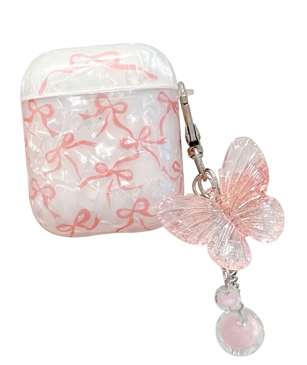 Wit transparant parelmoer hoesje voor oordopjes dames met roze strik patroon en vlinder hanger geschikt voor AirPods 4 hardcase beschermhoes