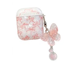 Wit transparant parelmoer hoesje voor oordopjes dames met roze strik patroon en vlinder hanger geschikt voor AirPods 4 hardcase beschermhoes