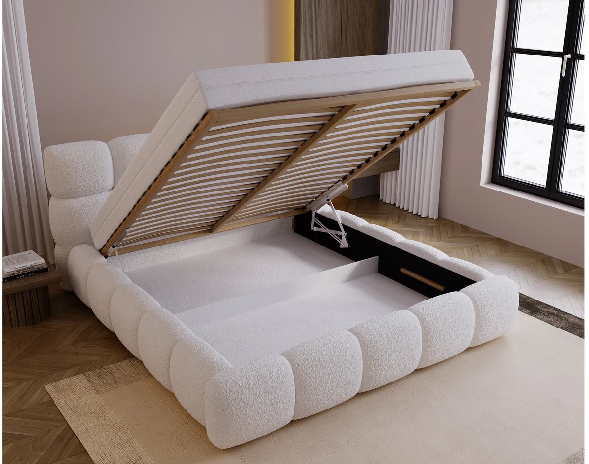 Laura Gestoffeerd Tweepersoonsbed 200x200 cm met Opbergruimte en Hoog Rond Hoofdbord – Luxe Bouclé Design Bed met Houten Lattenbodem – Modern Slaapkamer Bed Bruin – Boston Deluxe – Laura