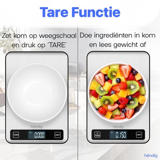 Hëndig Keukenweegschaal Digitaal - Weegschaal Keuken - Precisie Weegschaal - Keuken Weegschaal - Weegschaalkeuken - 1 gram - 15 kg - Tarra functie - Incl. Batterijen