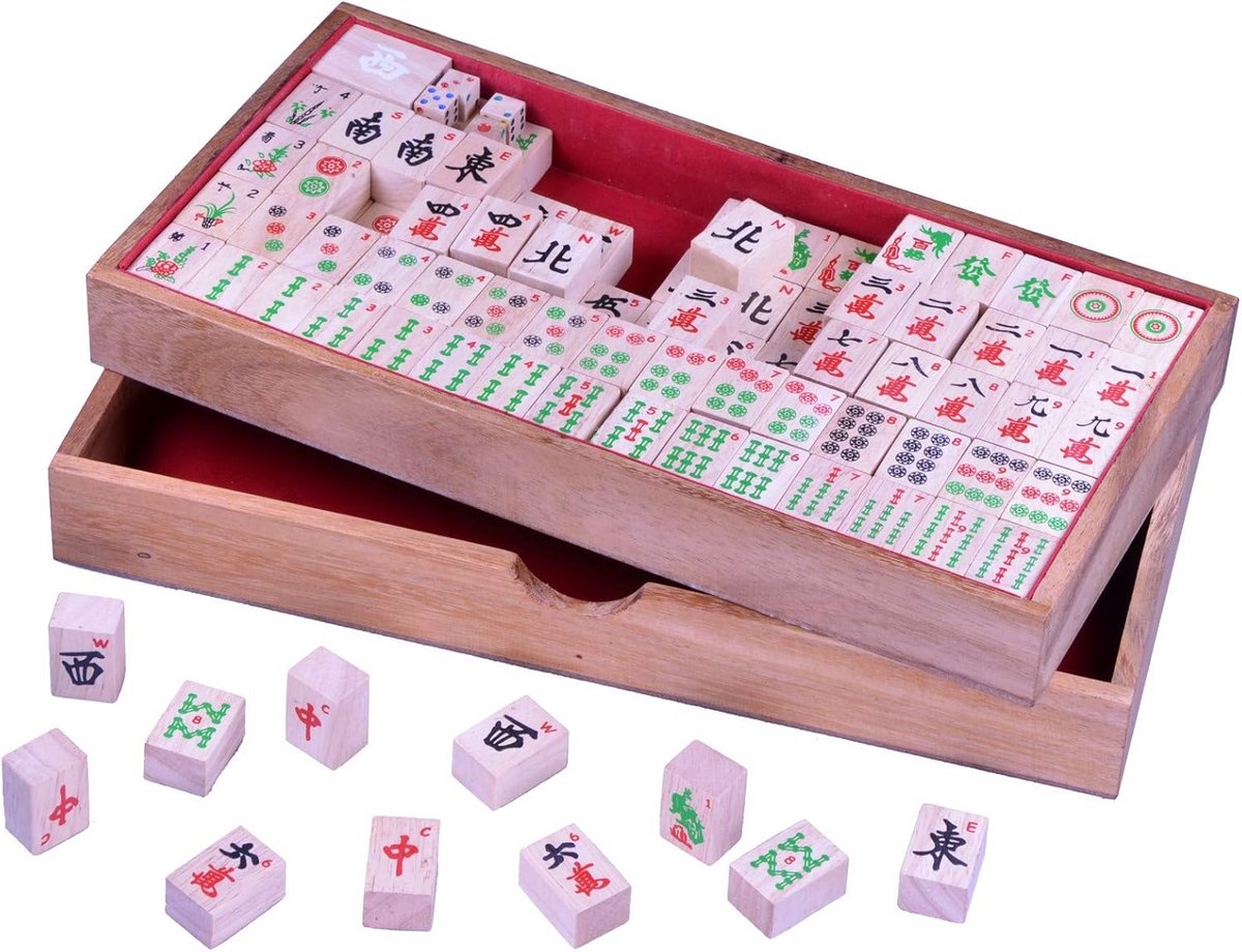 Mahjong Spel - Tafelspel Legspel - Gezelschapsspel voor 4 - Houten speelstenen - 20x35x5 cm - Meerkleurig