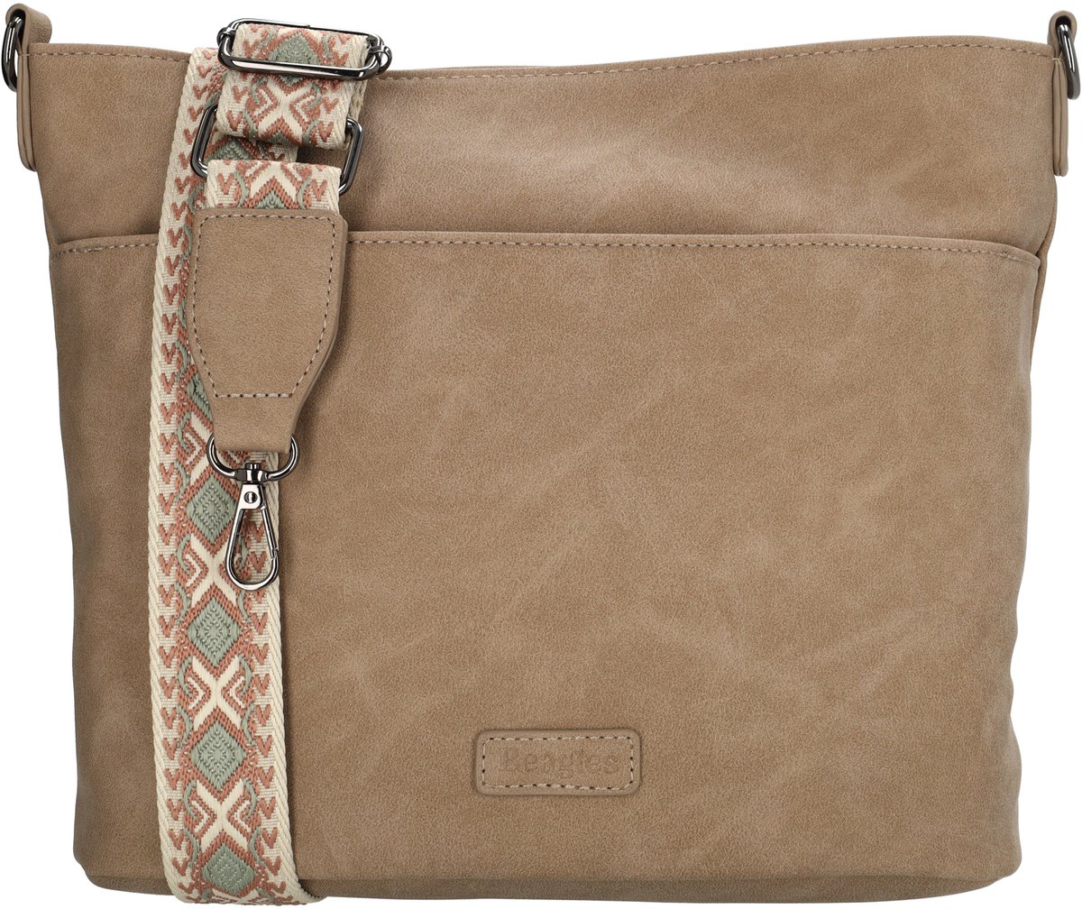 Beagles Malaga Schoudertas - Twee Ritsvakken - Kleurrijke Schouderband - Voorvak - Achtervak - Dames - Afneembaar - Crossbody - Tas - Lichttaupe