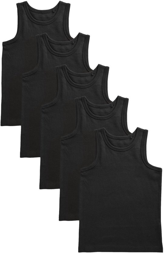 Vijf zwarte singlets in een rij op een witte achtergrond.