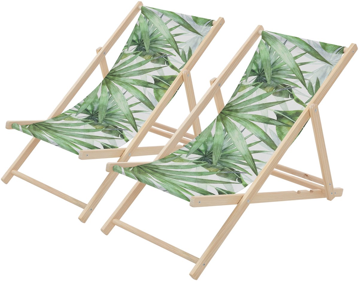Set van 2 houten tuinligstoelen in palmgroen en wit opvouwbare strandstoel Strandstoel Ligstoel Relaxligstoel