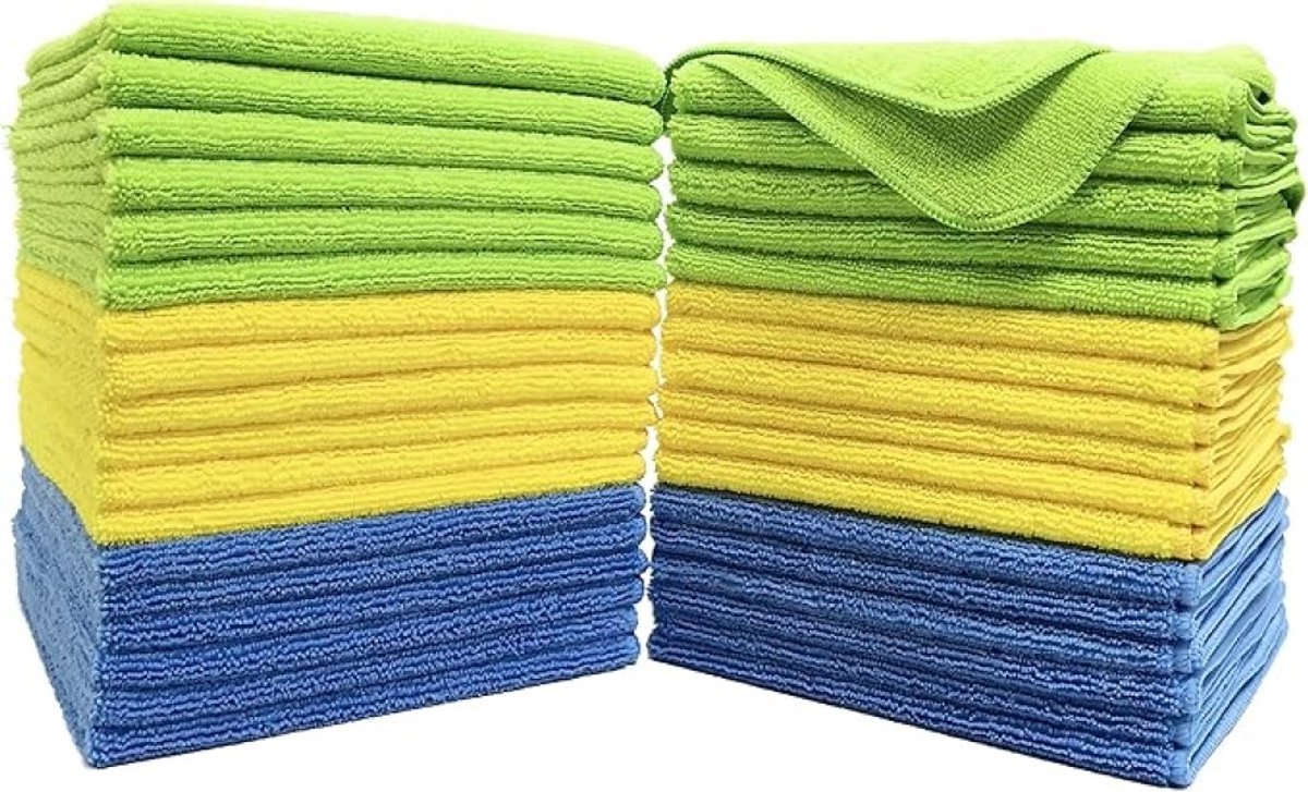 Premium Microfibre Cleaning Cloths - Pack of 36 - Blue Green Yellow - 40.6 x 40.6 cm