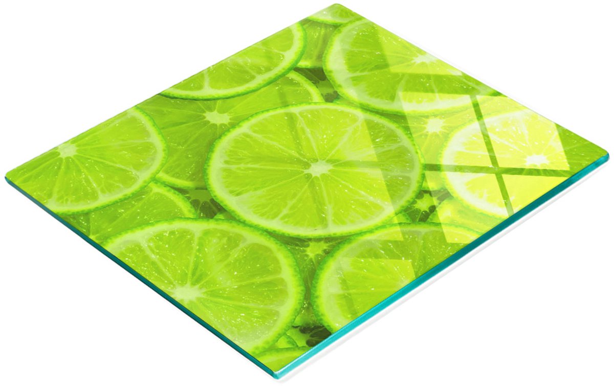 Keuken serveerplank van gehard glas met limoengroen design, 60x52 cm