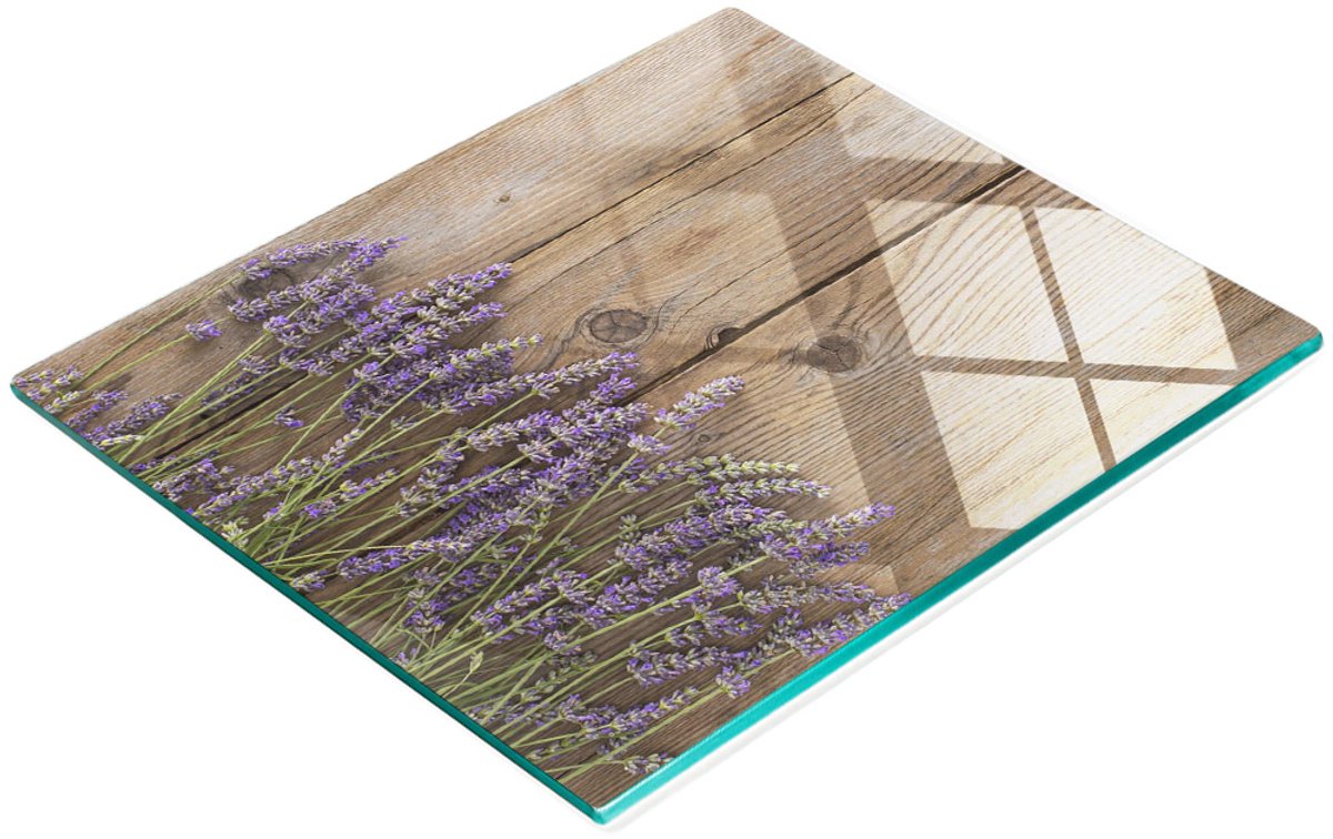 Stijlvol en duurzaam glazen bord met lavendelprint op platen van 60x52 cm.