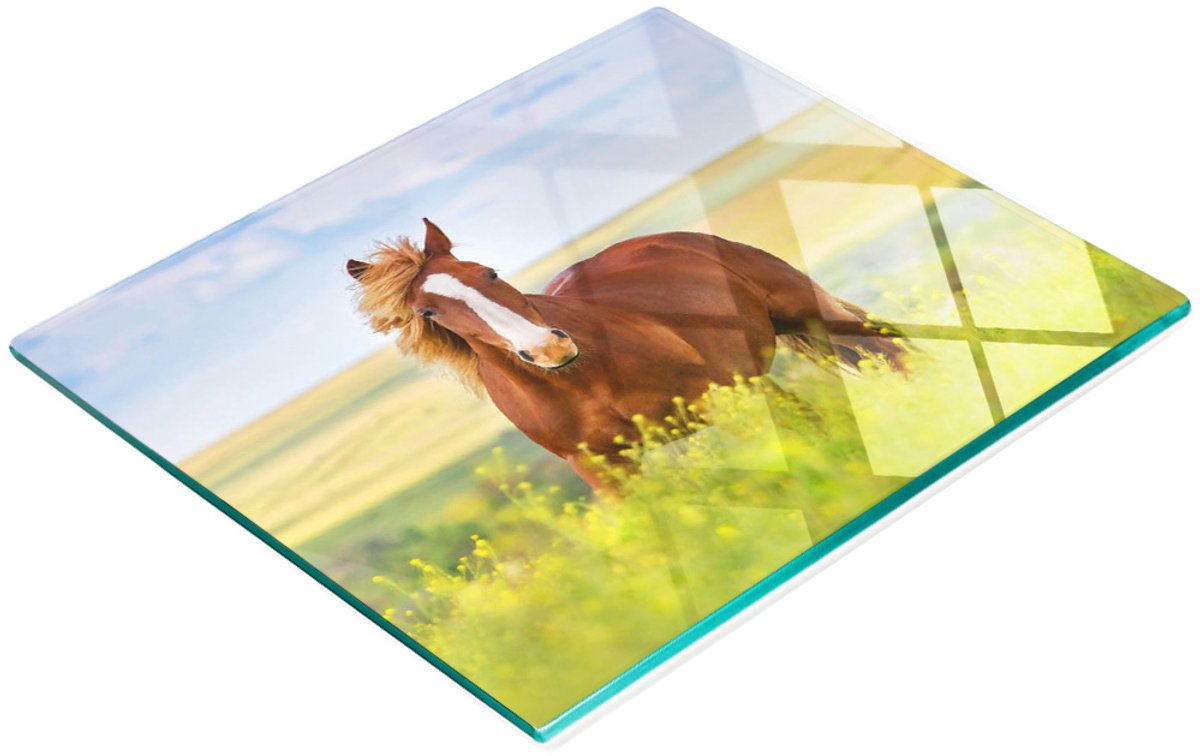 Keukenplank van gehard glas met decoratieve afbeelding van een bruin paard, 60x52 cm