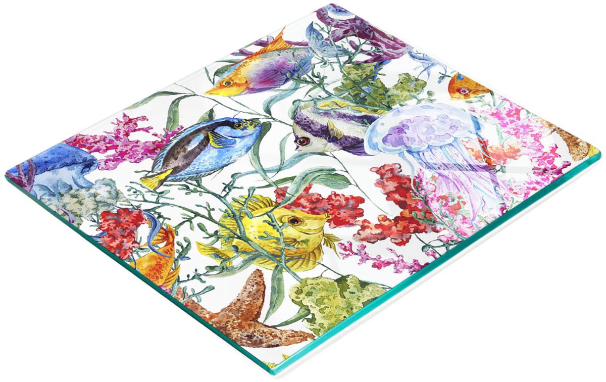 Multifunctionele decoratieve glazen snijplank voor de keuken, koraalrifmotief, 60x52 cm