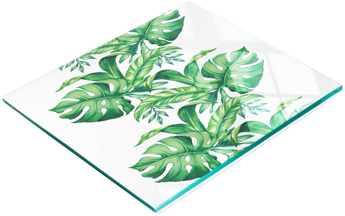 Decoratieve glazen snijplank met groene bladeren, 60x52 cm