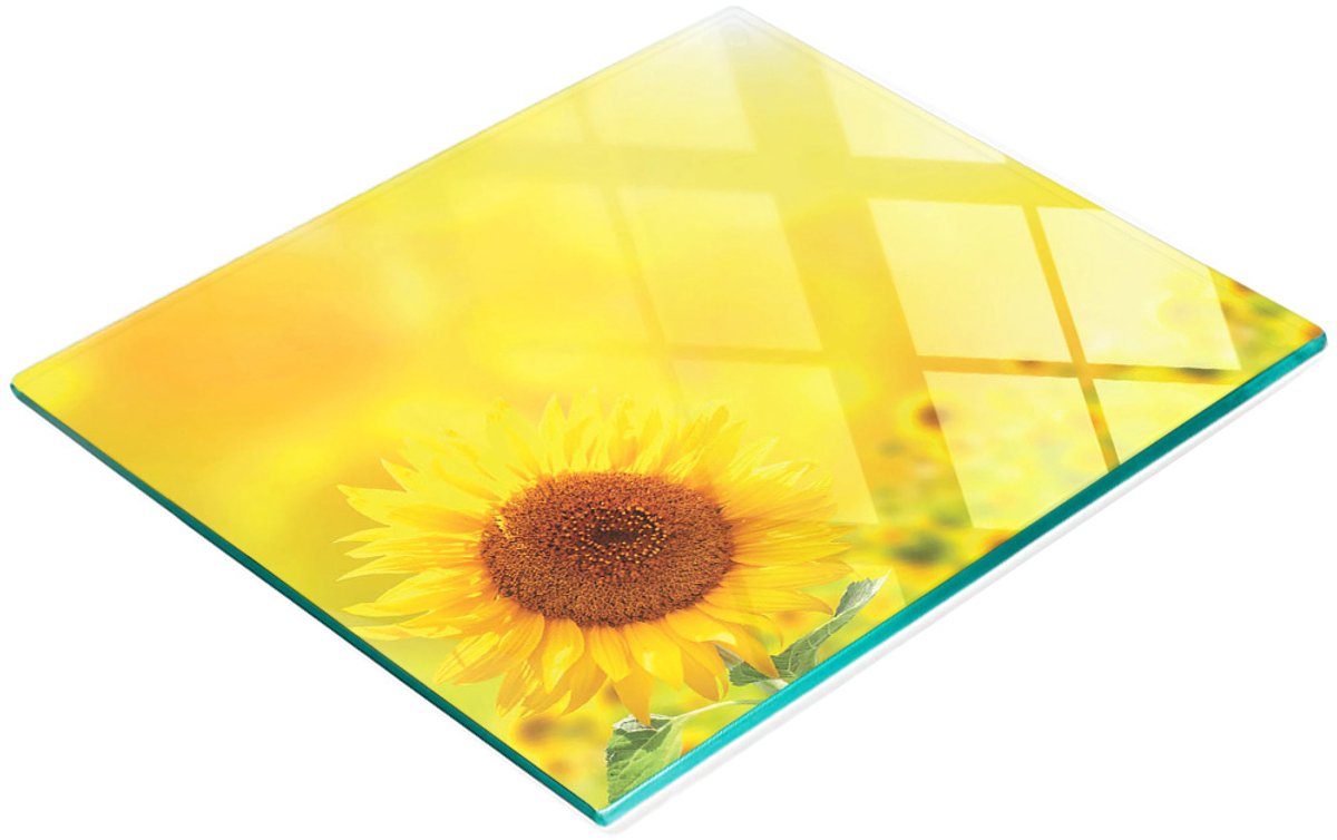 Glazen snijplank met afbeelding van gele zonnebloemen, 60x52 cm