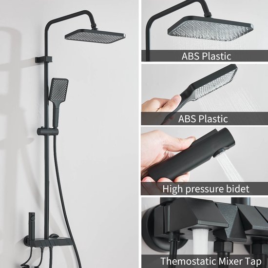Zwarte doucheset met verstelbare douchekop en handdouche. Materiaal ABS, met bidetsproeier en thermostatische mengkraan.