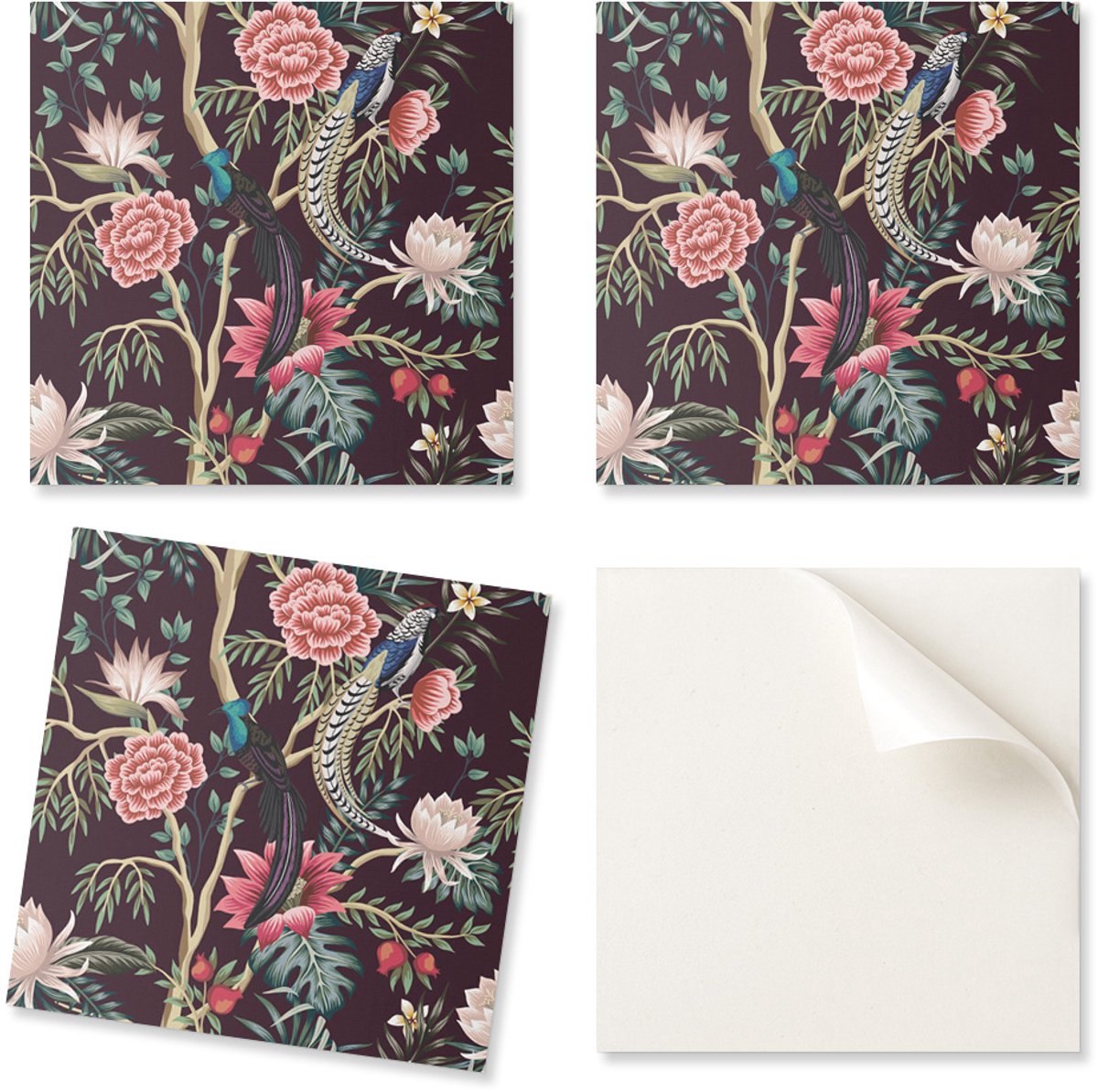 Zelfklevende tegels met afbeeldingen voor de eetkamer, PVC bloemenpatroon met vogels, 20x20x20 cm