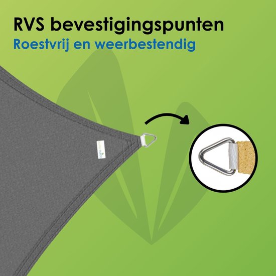 Grijs driehoekig schaduwdoek met RVS, roestvrije en weerbestendige bevestigingspunten.