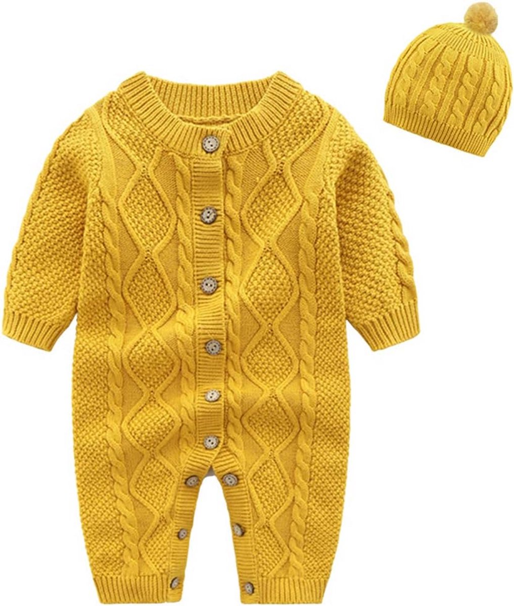 Gehaakte Romper en Muts Set voor Baby Meisjes en Jongens - Warm Gebreid Overalls met Lange Mouwen 0-24 Maanden