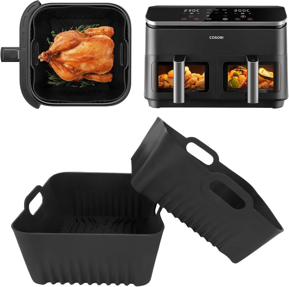 Siliconen bakvormen - Airfryer manden - Gezond Koken - Groefontwerp - 2 stuks - Zwart