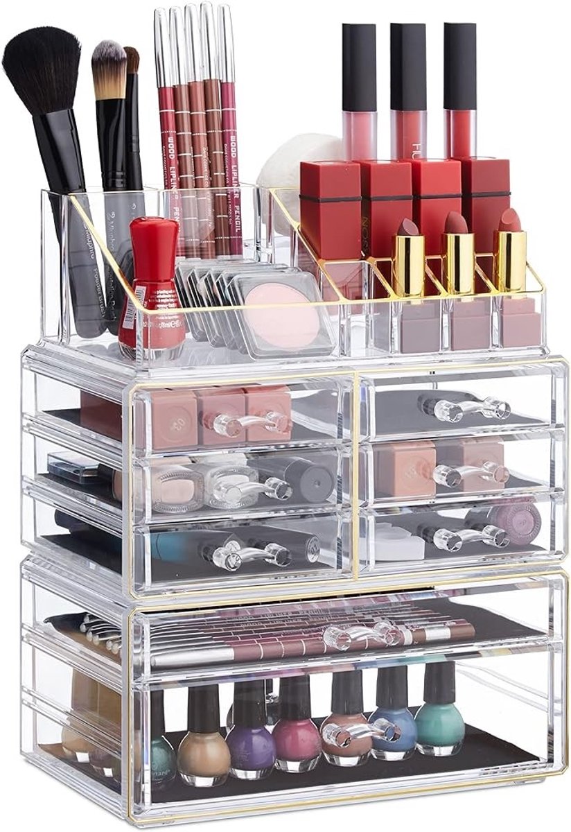 Acryl make-up organizer met 8 lades en lippenstifthouder, stapelbaar opbergsysteem