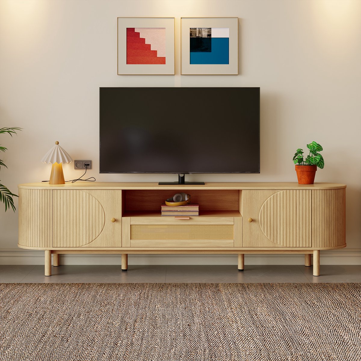 REDOM Tv-Meubel - Afgeronde Vorm En Kabeldoorvoer - Landelijke Stijl - Voor De Woonkamer - MDF - Naturel Natuurlijk
