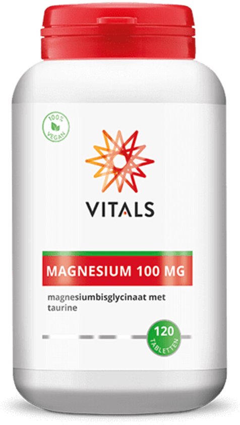 Pot Vitals Magnesium 100 MG met Taurine, 120 tabletten. Rood met wit en groen logo.