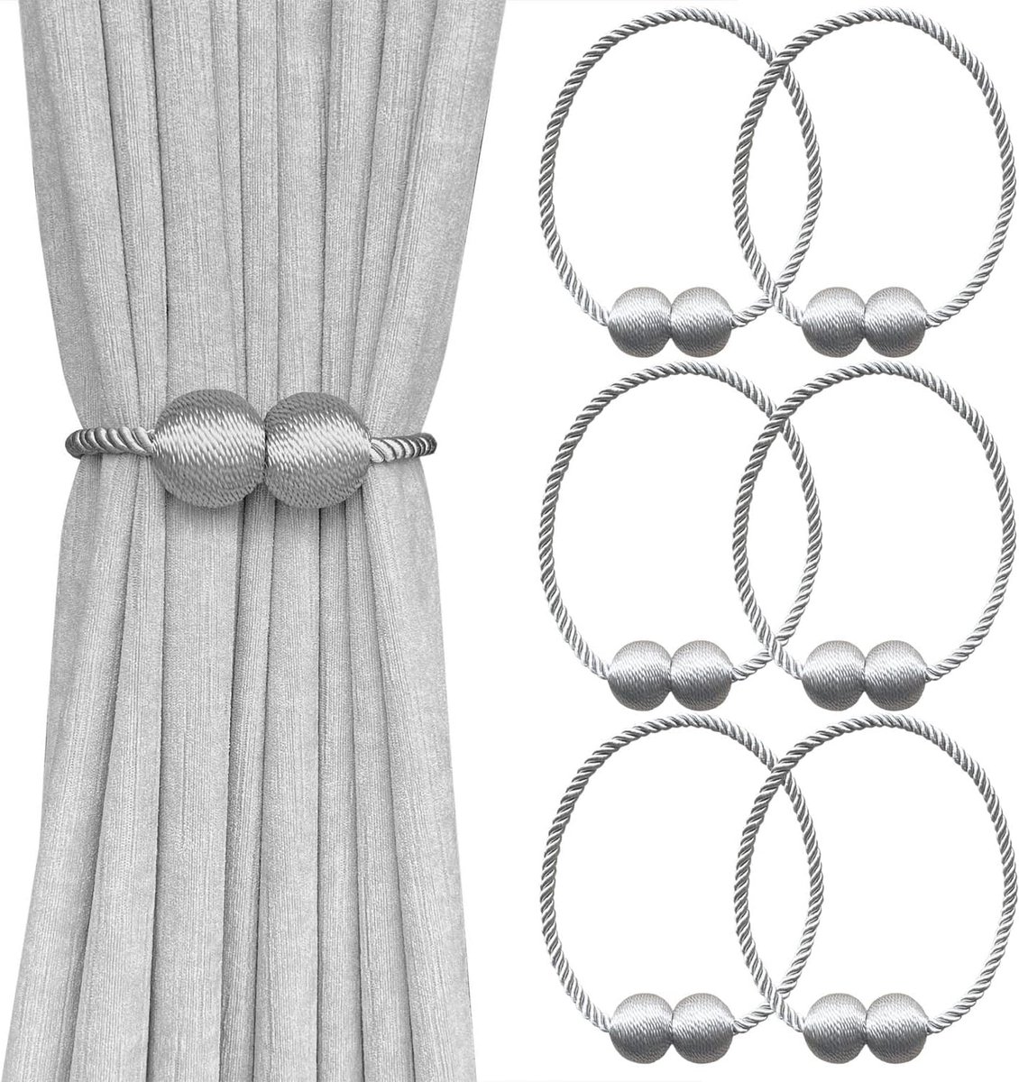 Set van 6 Magnetische Gordijnclips, Decoratieve Gordijnbanden voor Raambekleding (Grijs)