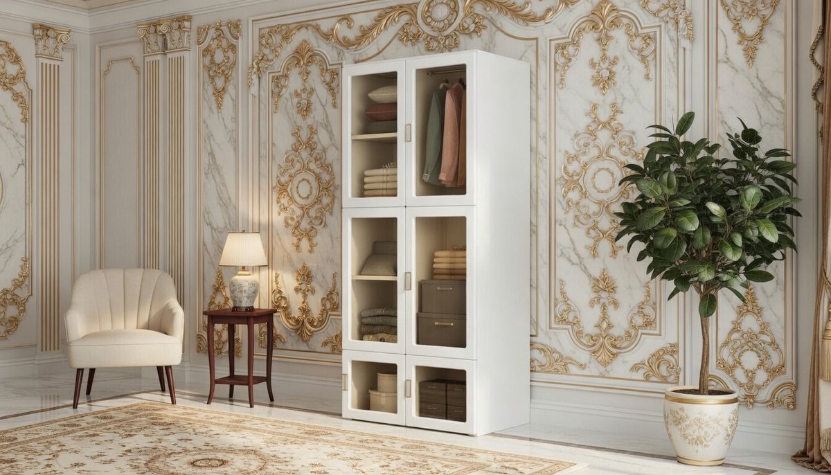 Kledingkast 6-deurs – Casa Velluto Opvouwbare Multifunctionele Kledingkast met Transparante Deuren, 6 Vakindelingen en Kledingstang – Wit, Voor Slaapkamer, Kleedkamer en Opbergruimte – 50x69x170 cm