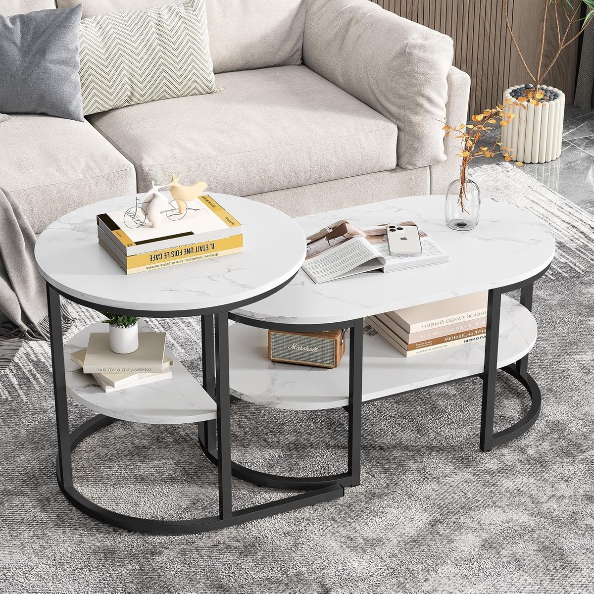 Set van 2 Ronde Bijzettafels met Opbergruimte, Salontafel met Marmerlook en Zwart Metalen