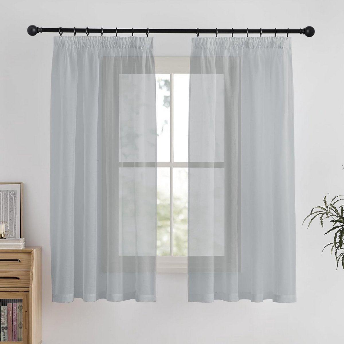 Set van 2 Dunne Voile Gordijnen | Transparant | Kant | Korte Lengte | 140x160 cm | Zilver Grijs