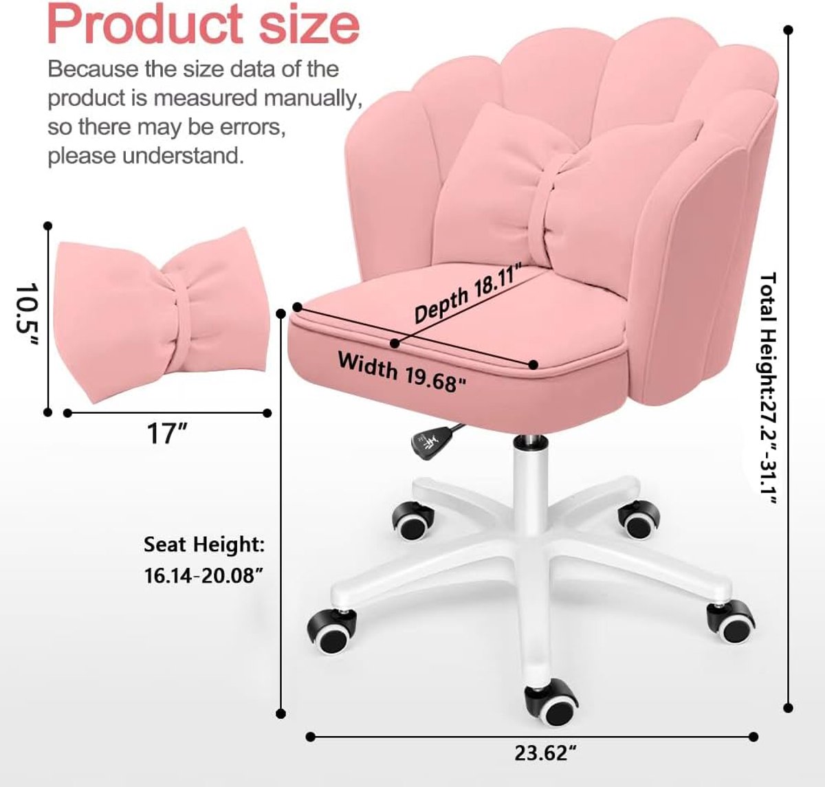 Bureaustoel Roze – Casa Velluto PetalBloom Fluwelen Vanity Bureaustoel – Draaibare Make-up / Computer Stoel met Strikkussen, Verstelbare Hoogte en Wielen – Slaapkamer, Bureau en Dressing