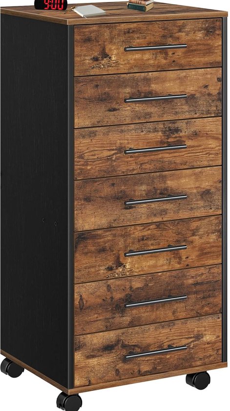 Signature Home Bloc de tiroirs - Bloc de tiroirs sur roulettes - 7 tiroirs - classeur - Bloc de tiroirs de bureau - marron vintage et noir - 36 x 40 x 88 cm