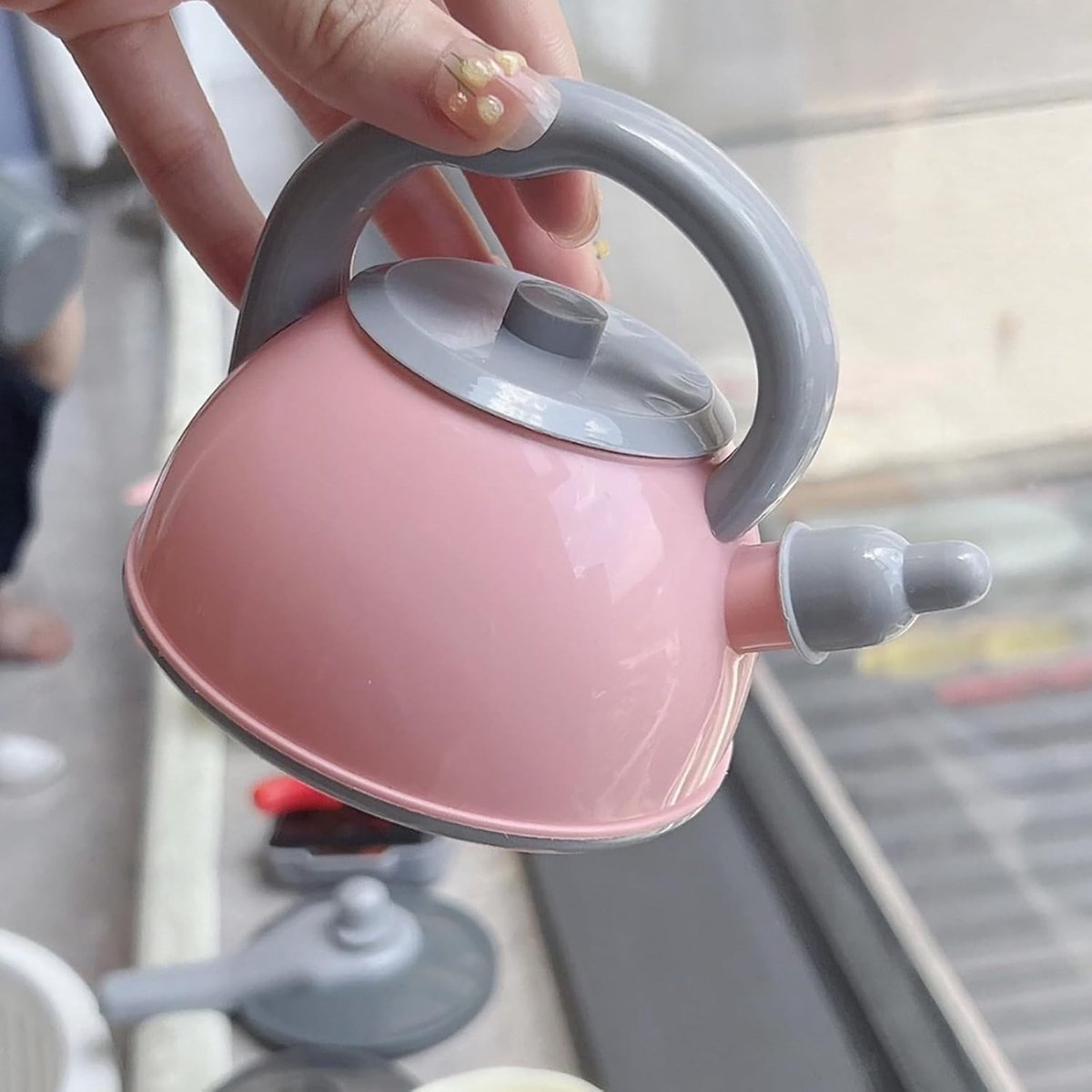 59-delige set speelgoedaccessoires voor kinderen, speelkeuken met BBQ-kookset met potten en pannen, kookgerei, gesneden speelgoedvoedselset, speelgoedgroenten, speelkeuken voor meisjes en jongens (roze) — afbeelding 7