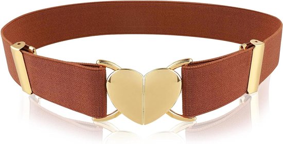 Bruine elastische riem met een grote, glanzende gouden hartgesp.