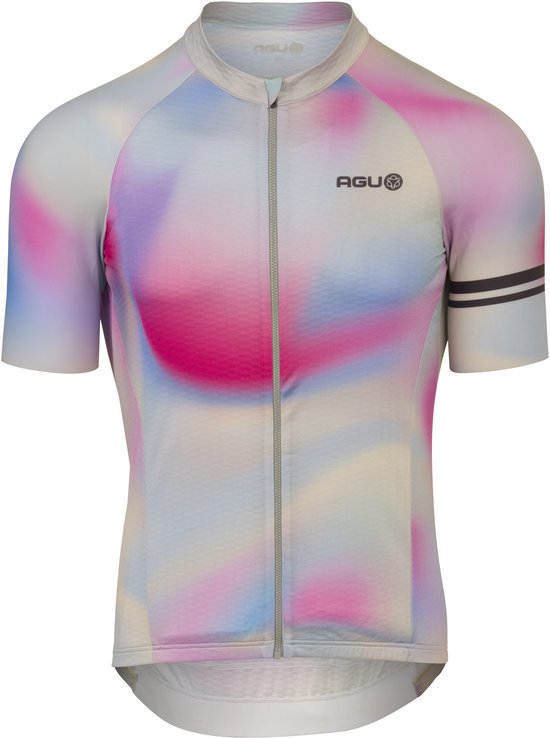 AGU fietsshirt met roze, blauwe en witte gradiënt swirl print en een zilveren rits.
