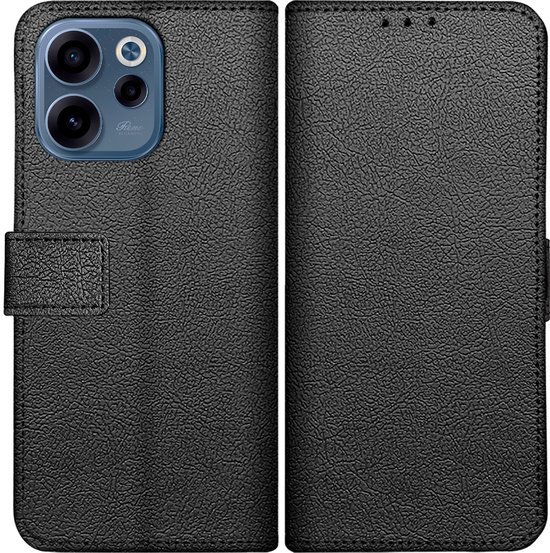 Housse portefeuille noire Oppo Reno15 F Classic ouverte, avec texture et découpe pour les appareils photo.