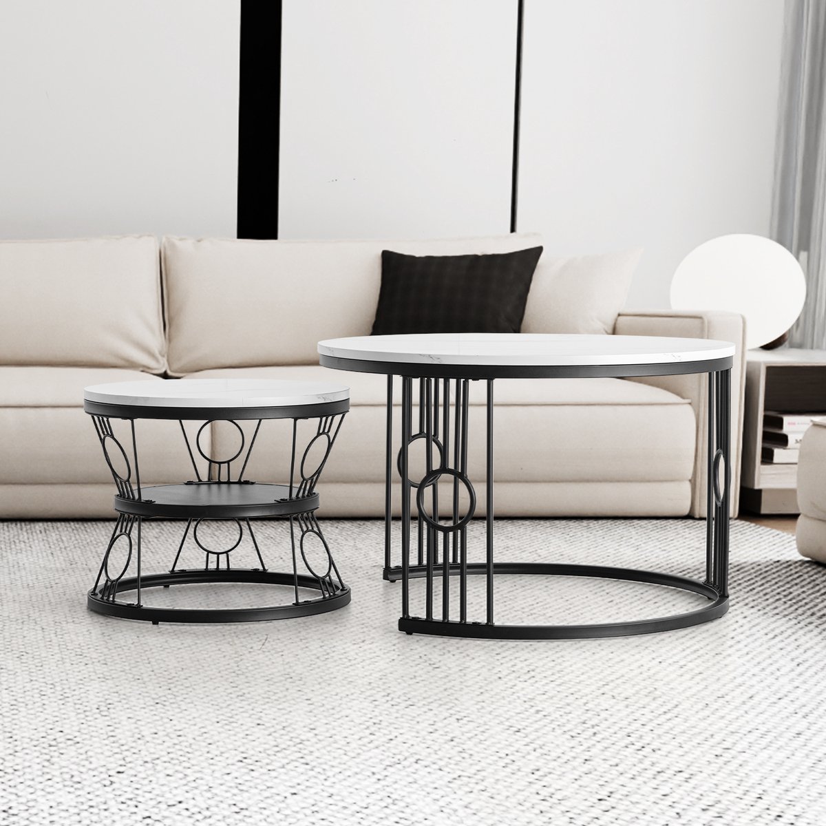 MIVRAY Hoogglans Salontafel Set Van 2 - Stapelbaar Rond Met MDF + Metaal - Nest-Design - 70×70×45 & 45×45×37 Cm - Zwart